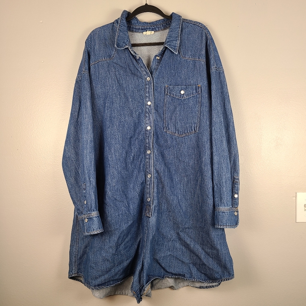 Anthropologie Pilcro Long Sleeve Jean Denim Collared Button Snap Romper XL - Picture 2 of 13